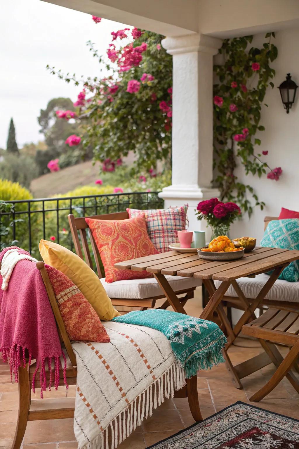 A patio redesigned into an appealing outdoor retreat with colorful décor.