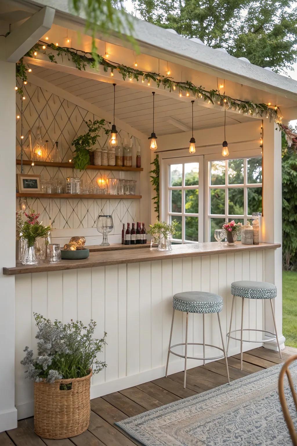 An elegant size-conscious bar with wall-mounted shelves, perfect for limited spaces.