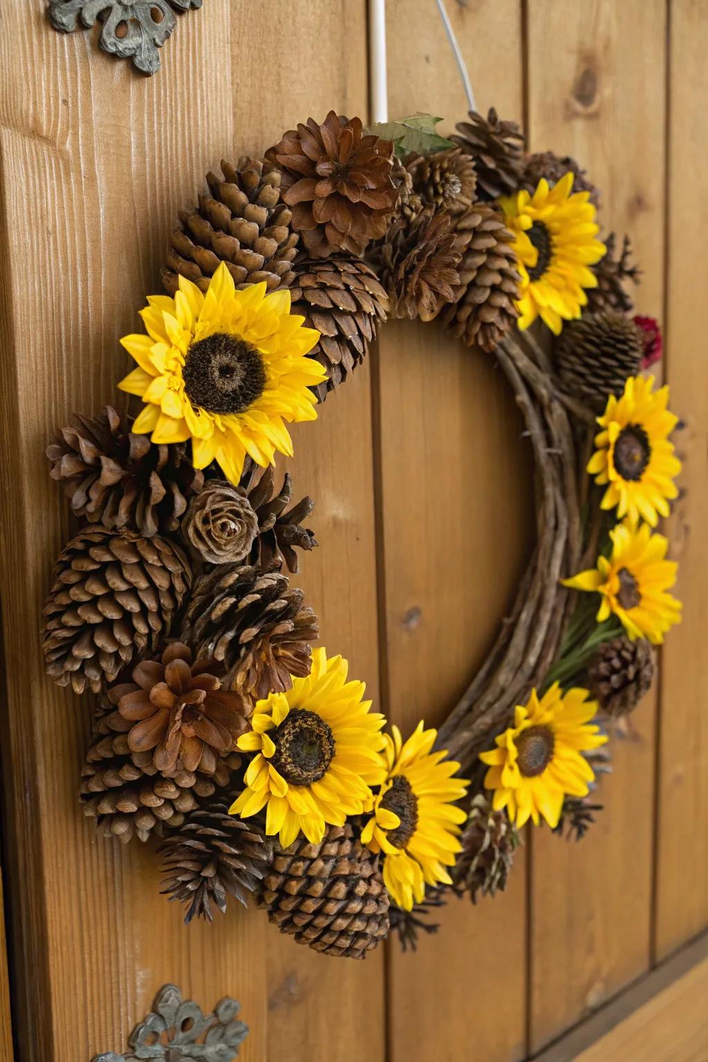 Experience rustic beauty as pinecone sunflowers contribute a distinctive, handcrafted accent.