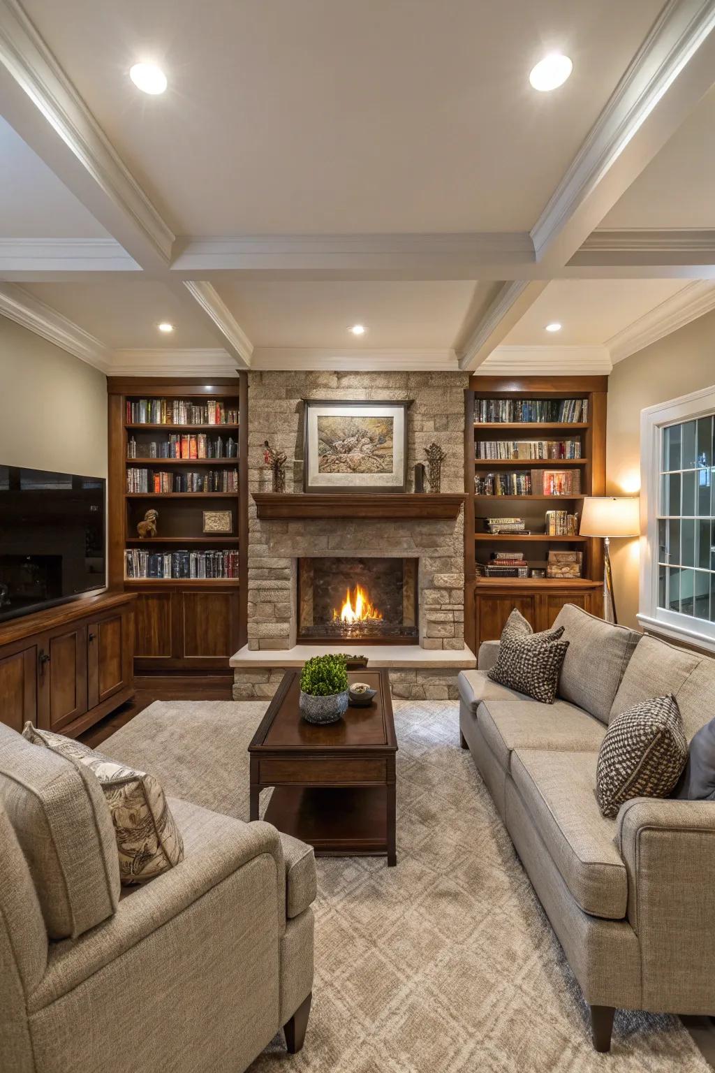 A sunken living room spotlighting a central fireplace.
