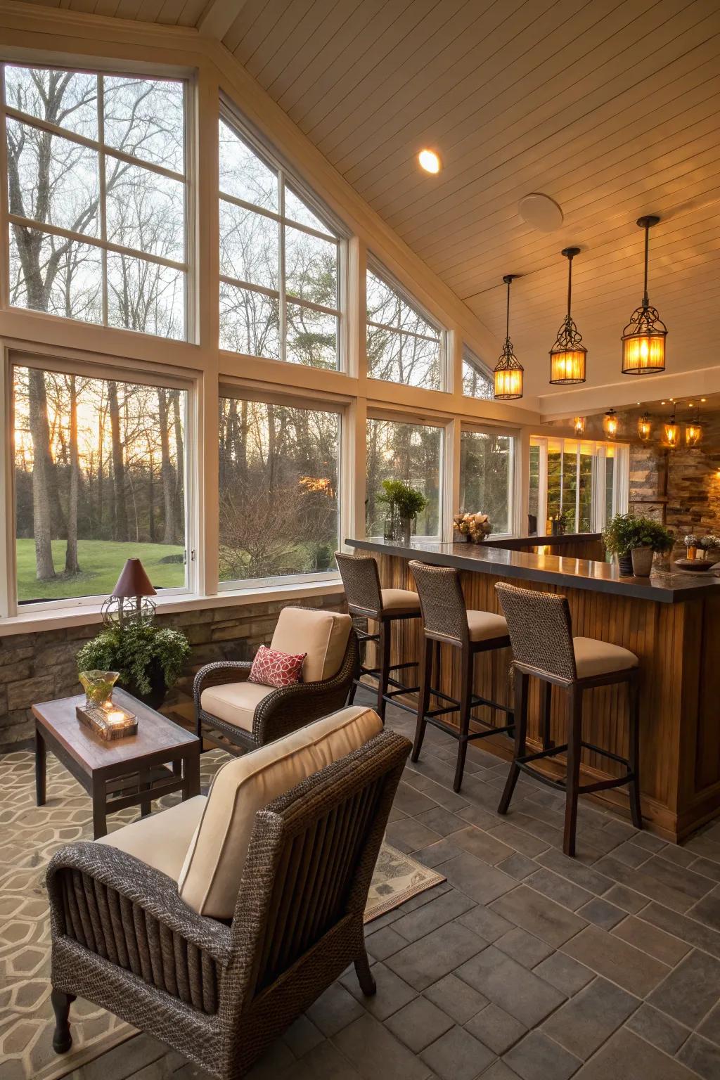 A comfortable retreat in your sunroom bar encourages interaction and relaxation.