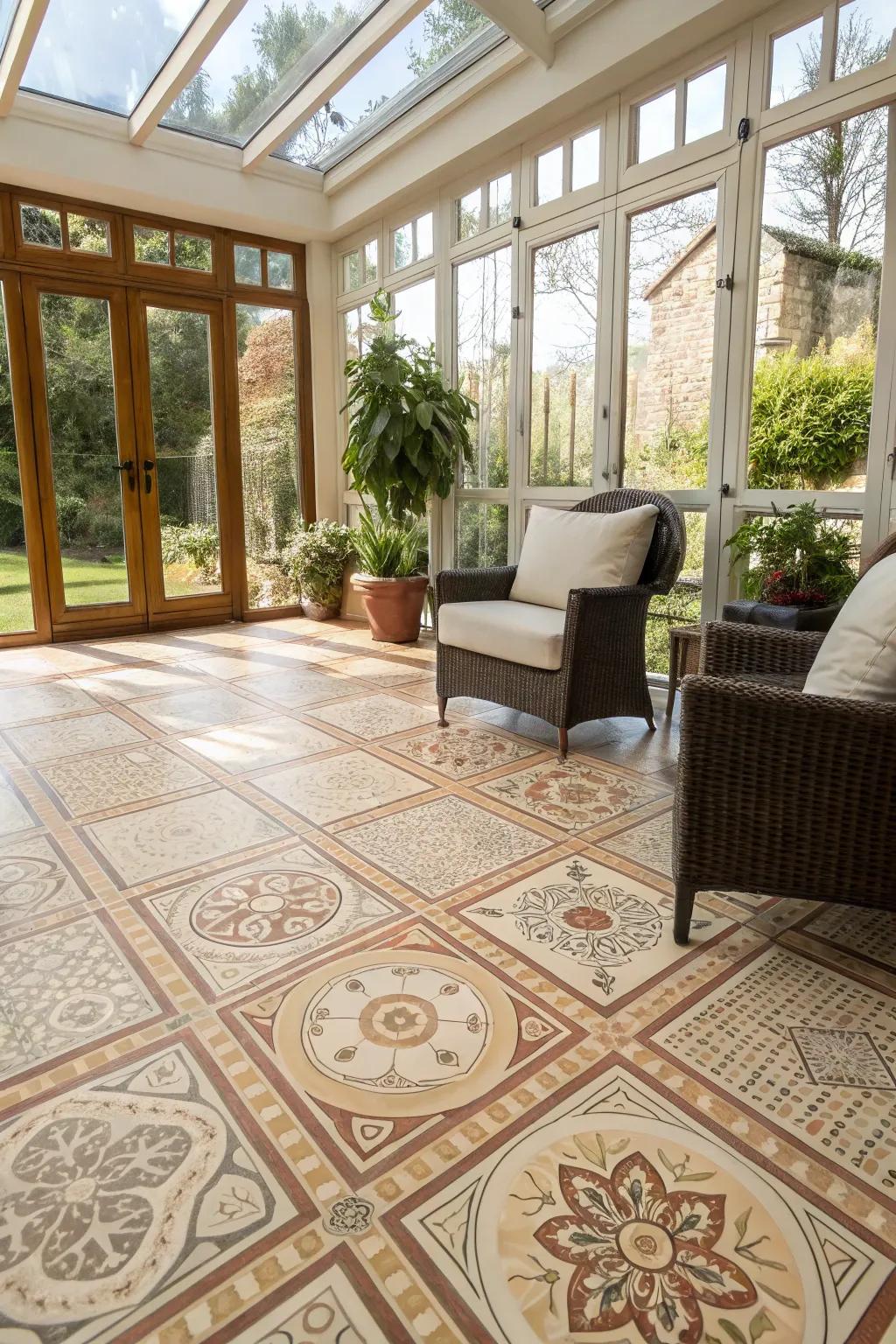 Stone tiles offer resilience with creative artistic style.