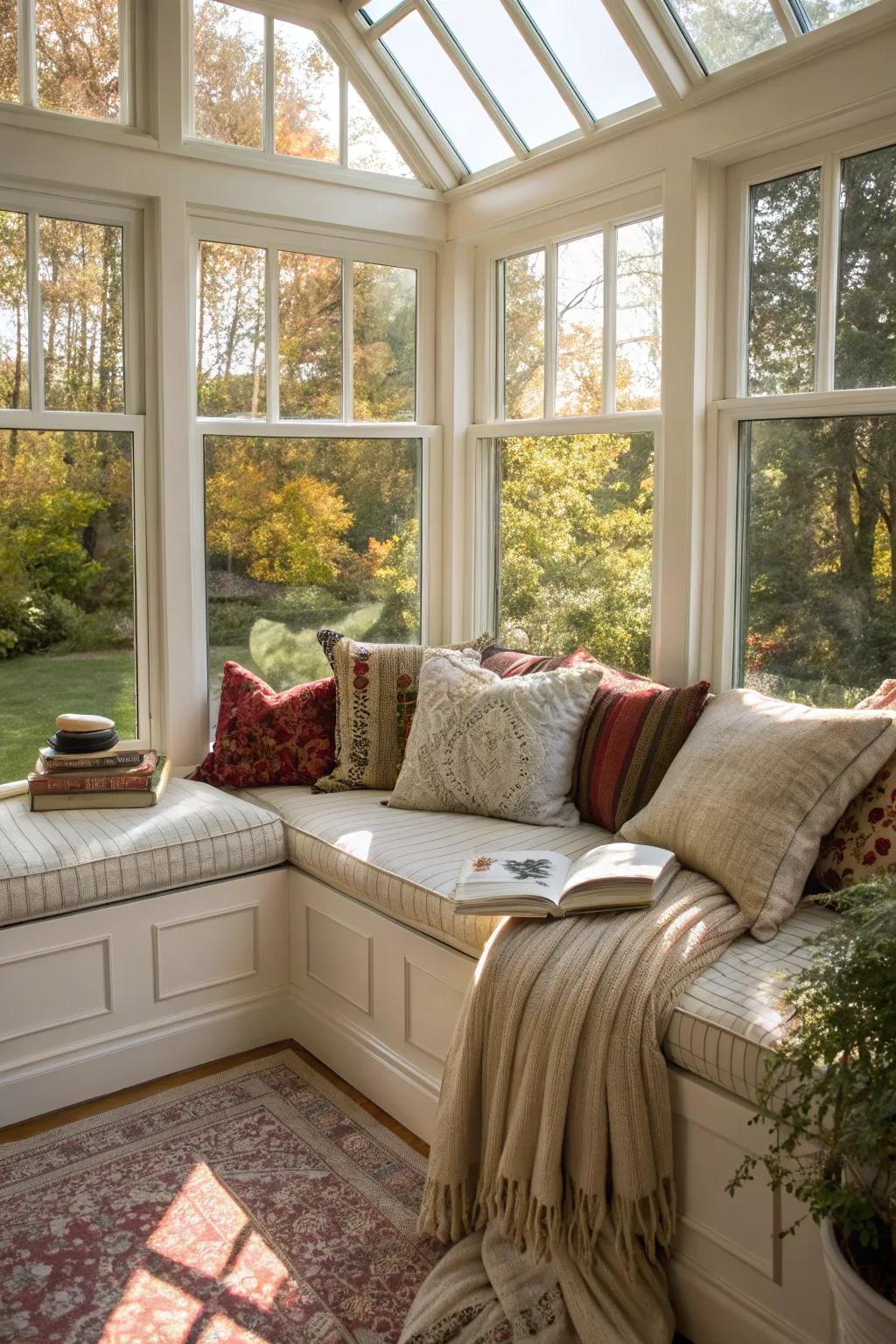 Bow windows craft a comfortable reading corner in your sunroom.