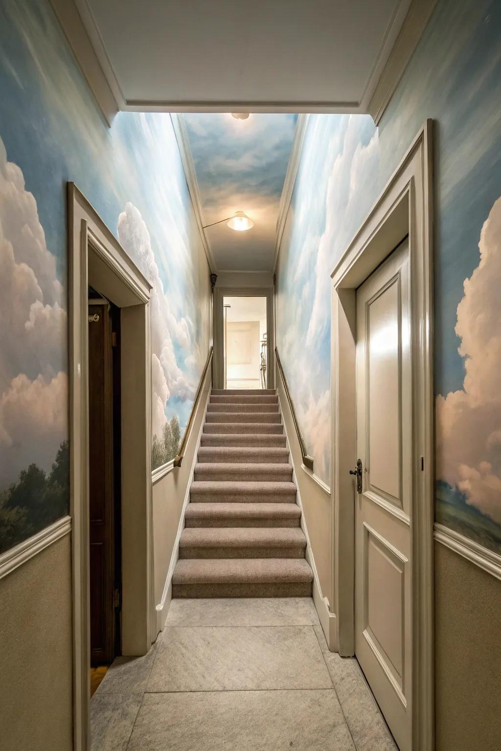A corridor featuring steps that ascend into a surreal atmosphere.
