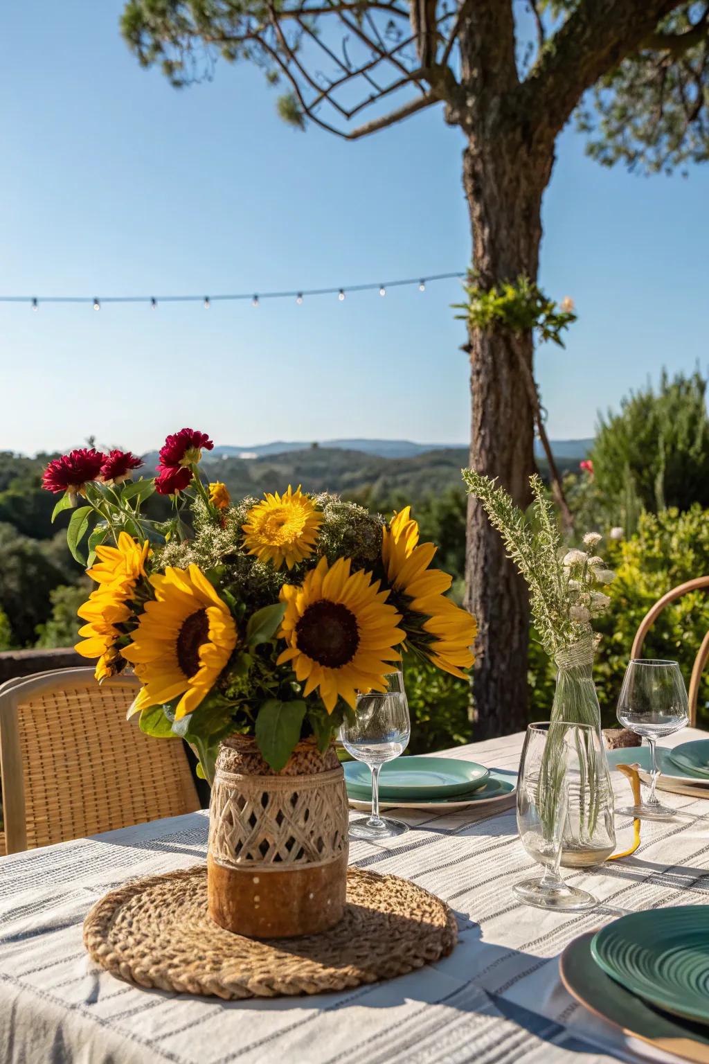 Sunflowers in a rustic vase add a cheerful touch to any barbecue table.