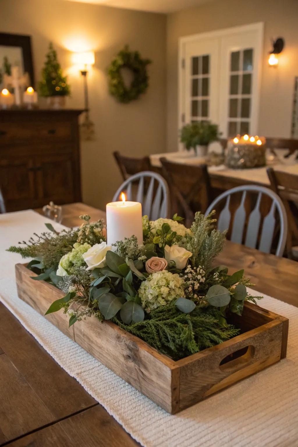 A rustic centerpiece with natural wood and greenery.
