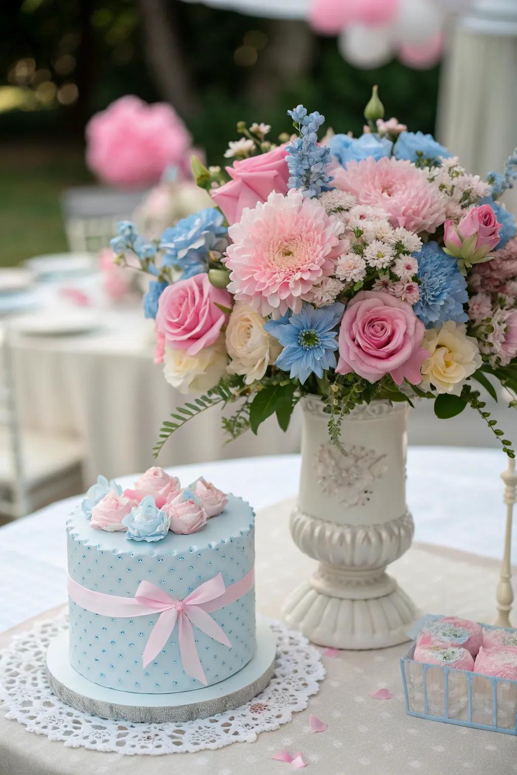 Sophisticated floral arrangements add a touch of elegance to your gender reveal table.