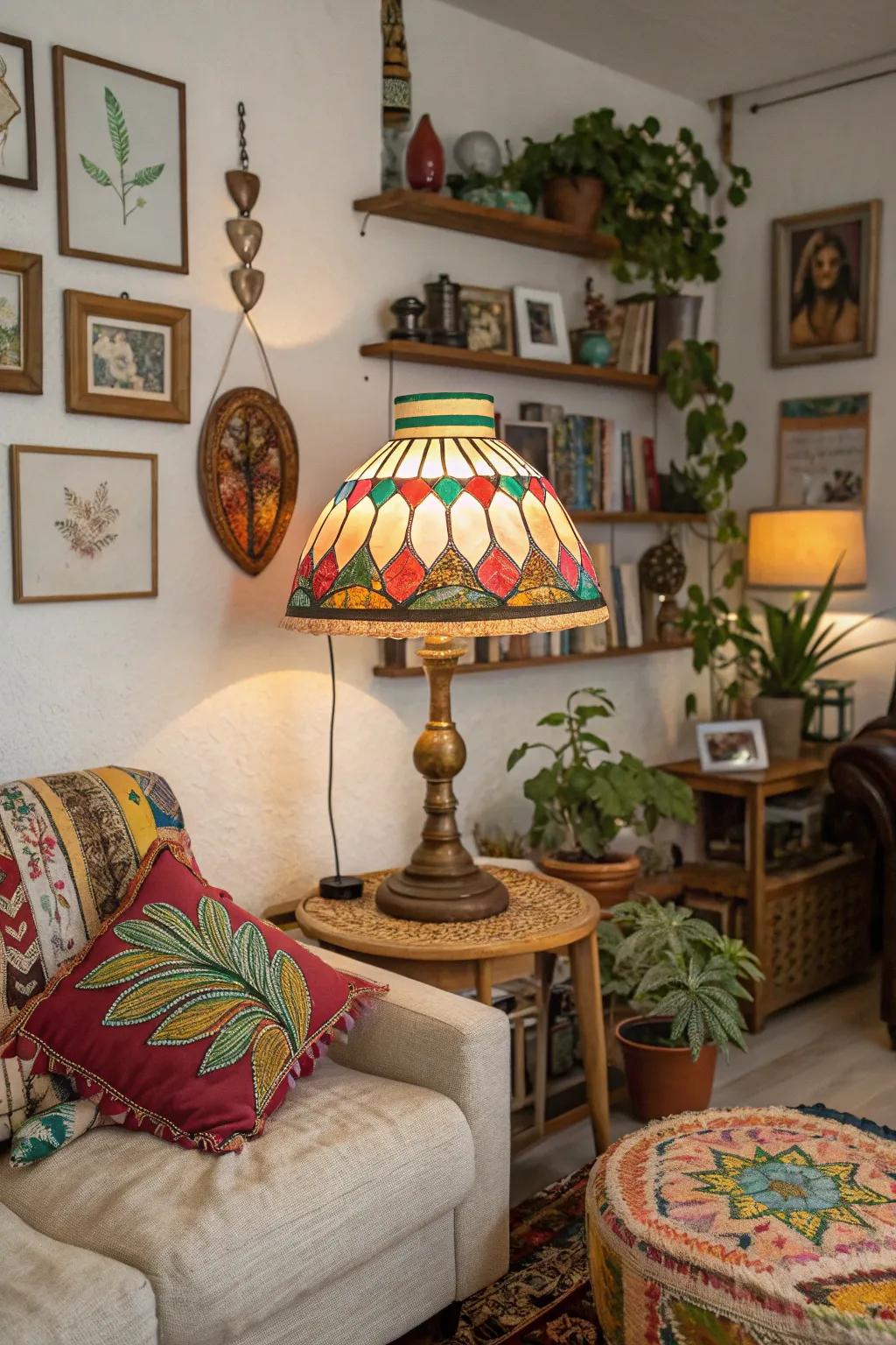 A colorful vintage table lamp adds eclectic character to a bohemian space.