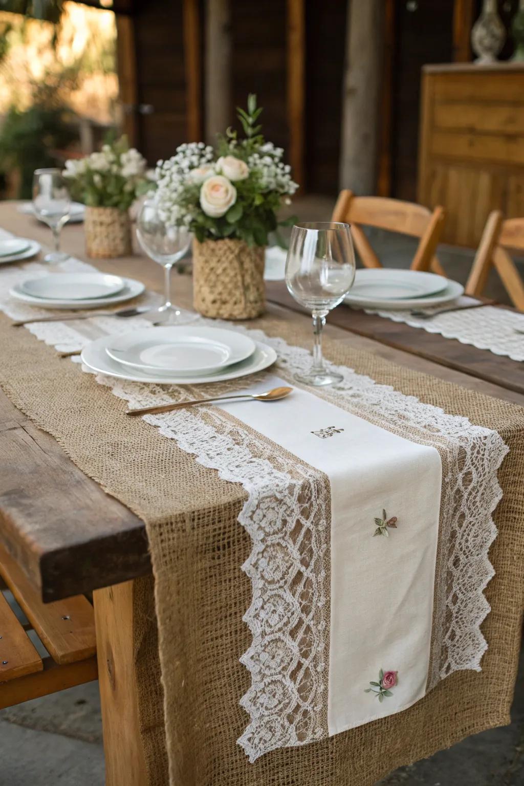 <strong><em>Hessian</em></strong> and <strong><em>Rosette</em></strong> table runner creating a rustic, cozy atmosphere.&rdquo; loading=&rdquo;lazy&rdquo; class=&rdquo;pimg&rdquo;>
	</picture><figcaption><strong><em>Hessian</em></strong> and <strong><em>Rosette</em></strong> table runner creating a rustic, cozy atmosphere.</figcaption></figure>
<p>To create a snug, countryside atmosphere, consider a <strong><em>Hessian</em></strong> table runner matched with delicate <strong><em>Rosette</em></strong> details. This combination beautifully infuses your table with warmth and tactile appeal, evoking memories of laid-back rural gatherings.</p>
<h3>Maybe worth checking out:</h3>
<ul class=