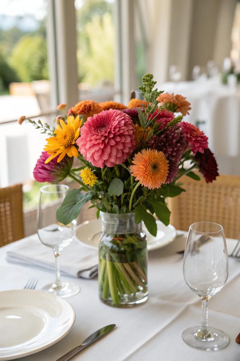 Lively floral arrangements introducing refinement to any table setup.