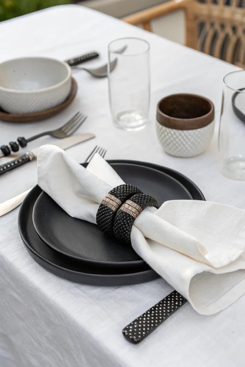 Sleek and contemporary tablescape featuring black napkin rings.