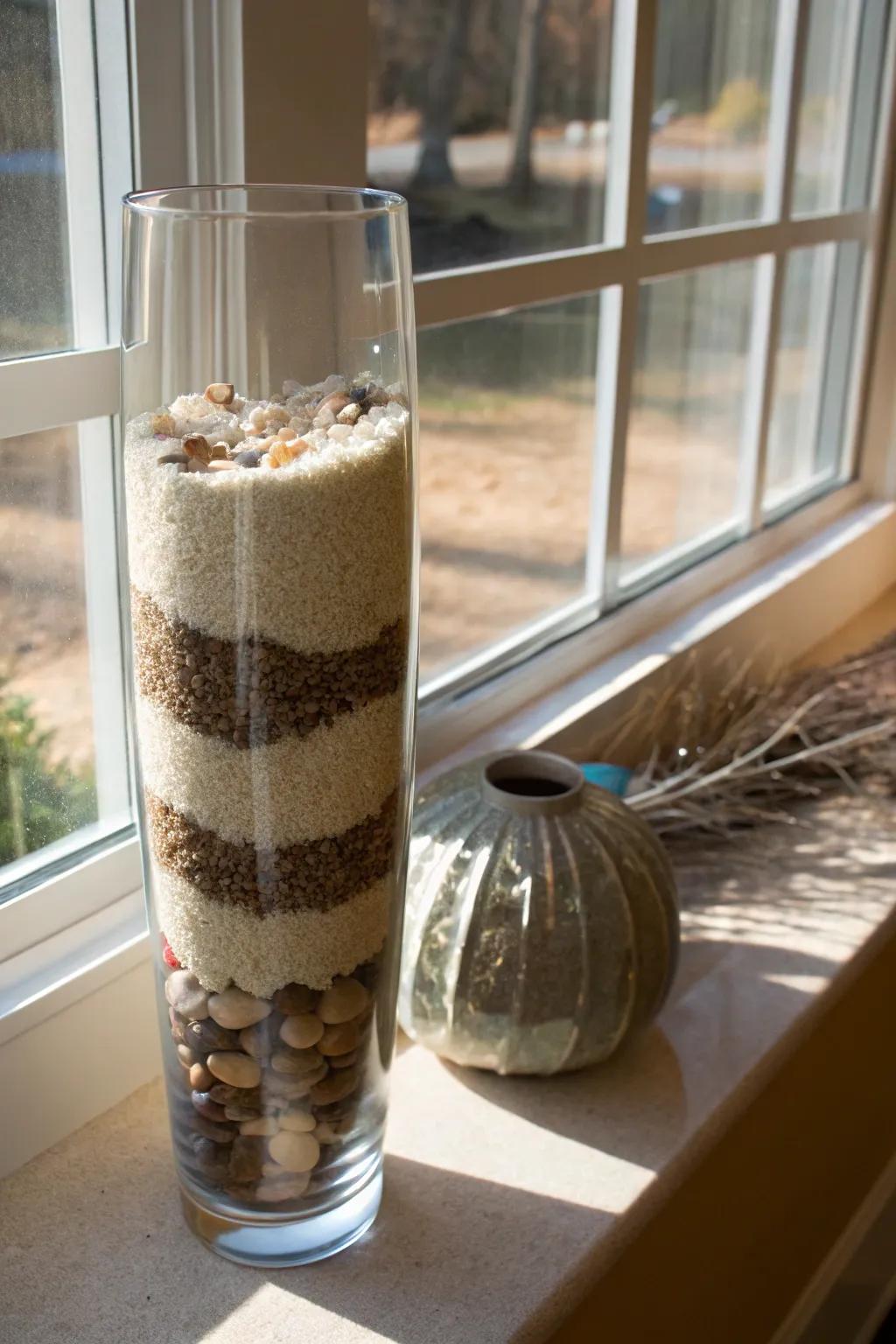 A serene tall glass vase with layers of sand and pebbles, capturing a beachy essence by the window.