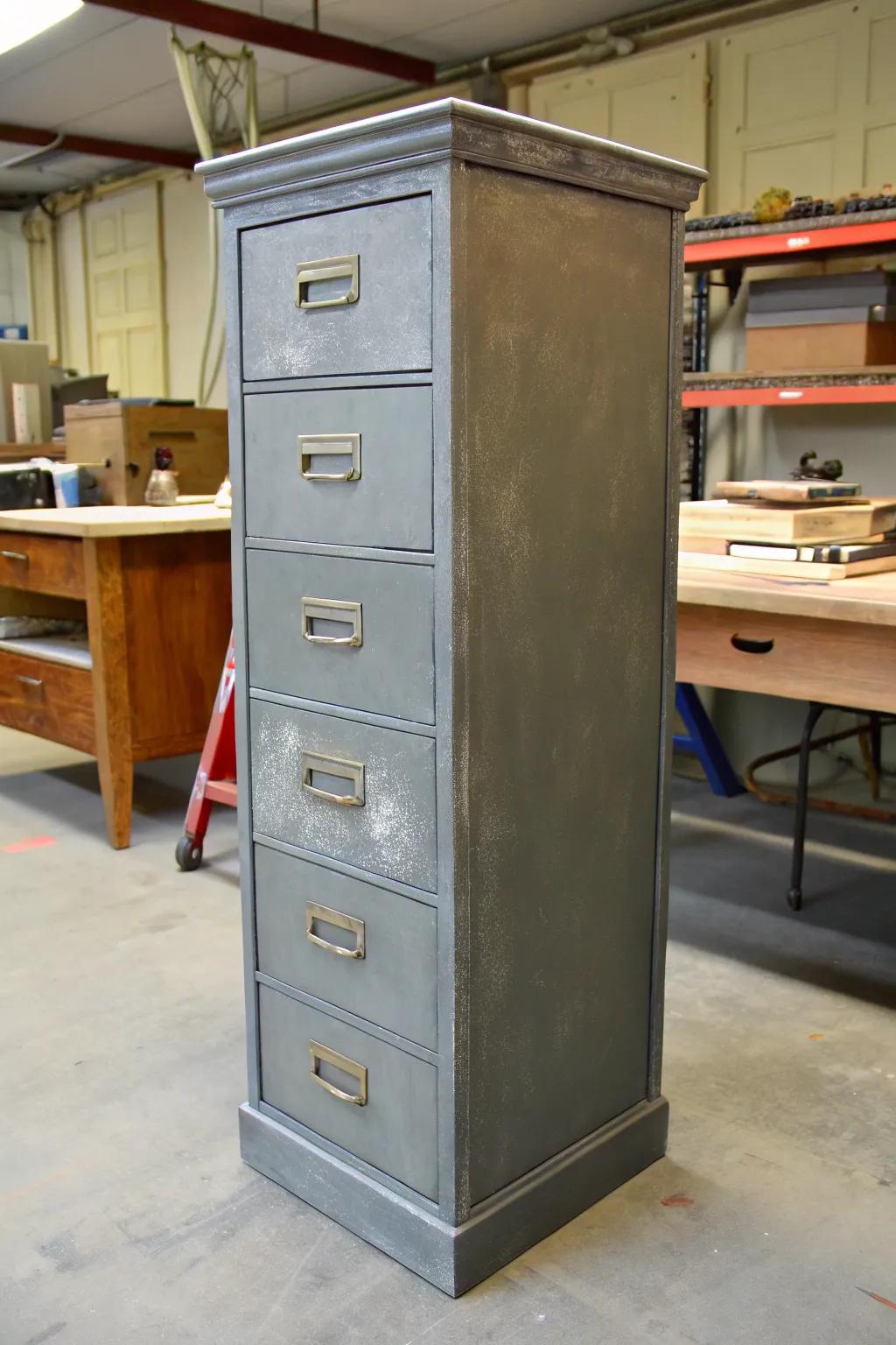 Enhance your area with the ageless sophistication of a chalkboard-finished filing cabinet.