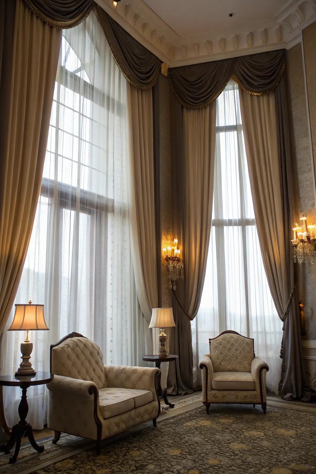 Layered window coverings provide versatility and flair.