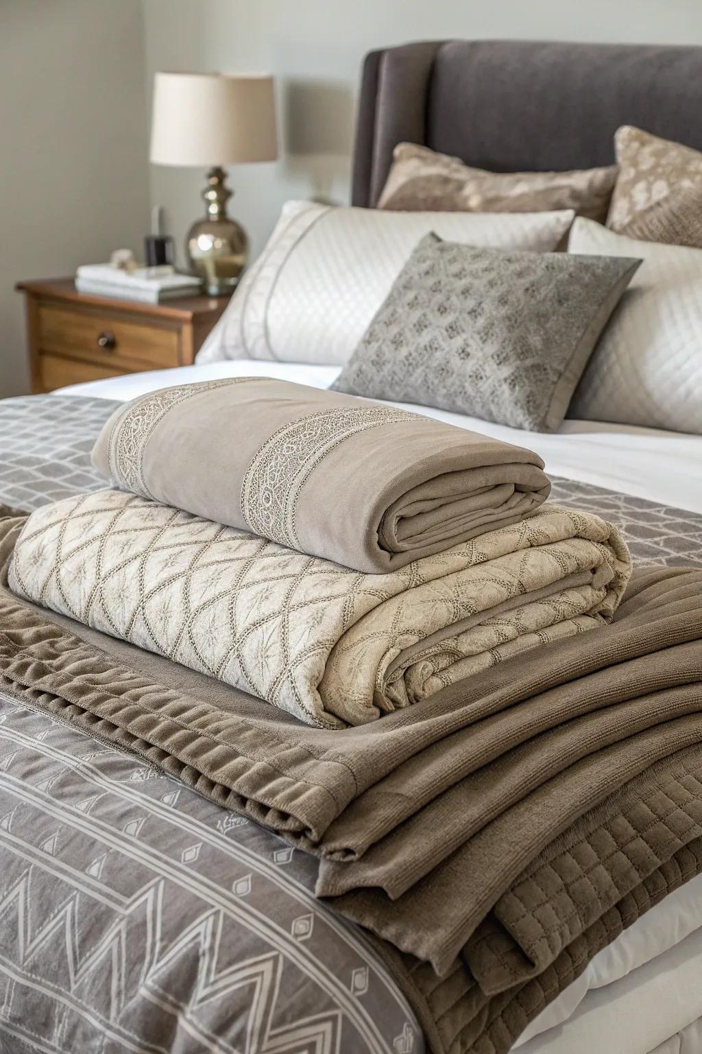 A bed adorned with plush earthen and slate bedding.