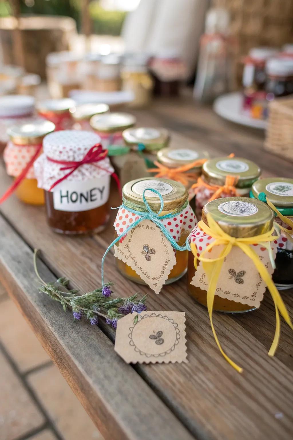 Local honey jars provide a sweet and individualized touch.