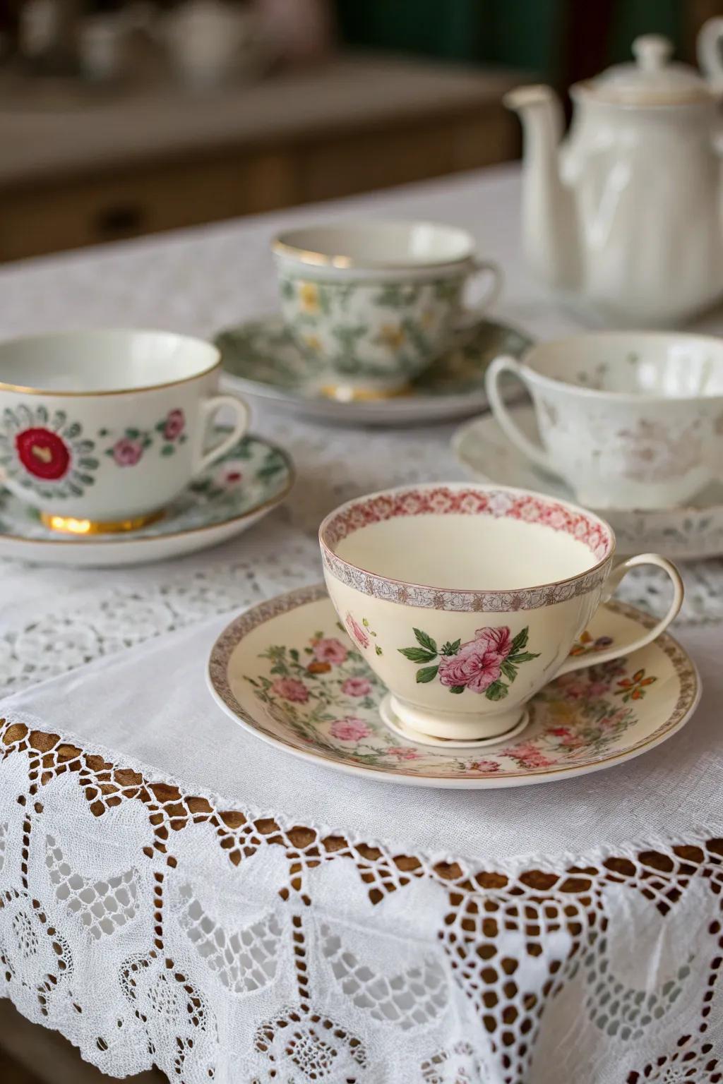 Mixed patterns in antique beverage sets conjure a fanciful tea celebration vibe.