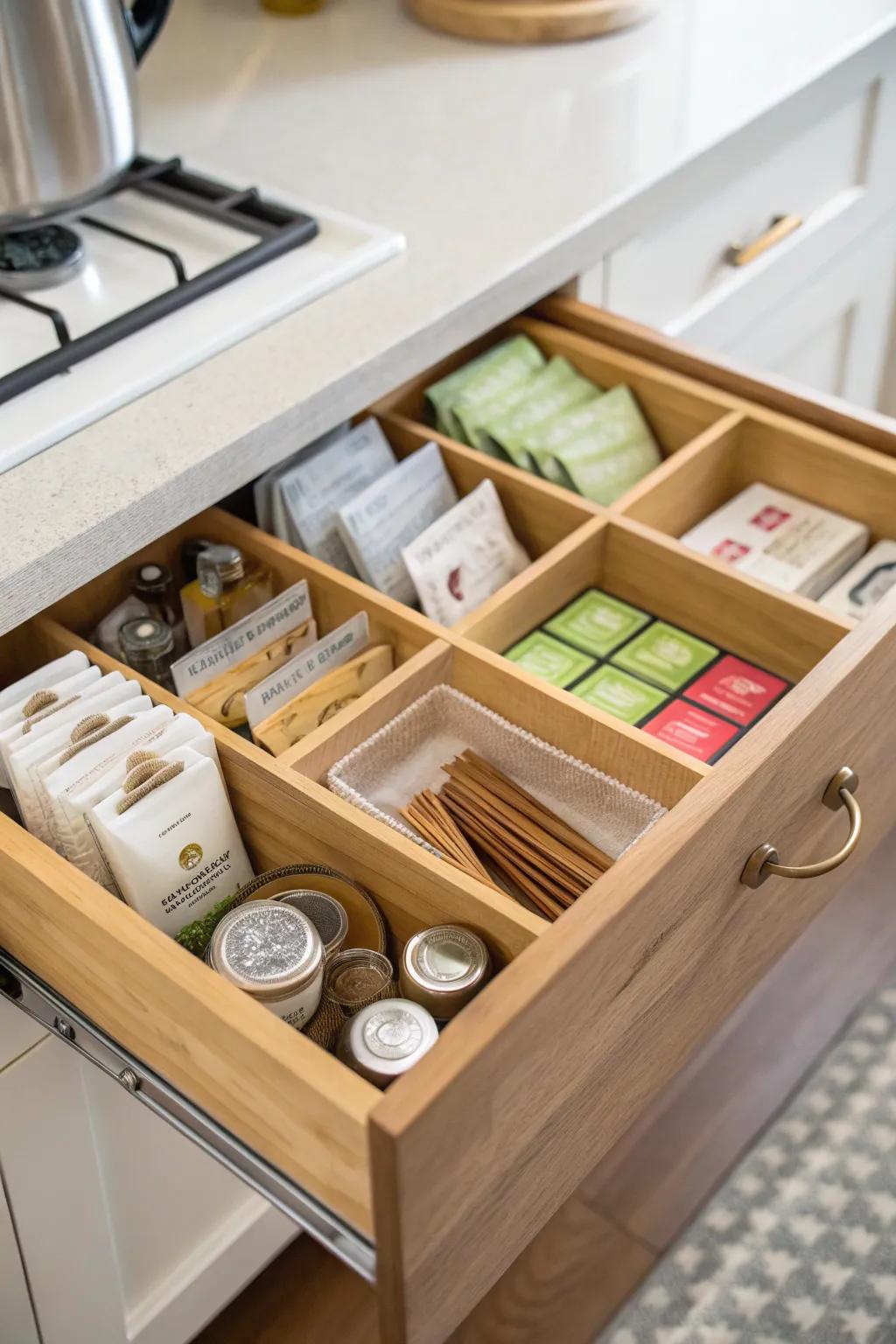 A perfectly organized tea drawer with dividers.