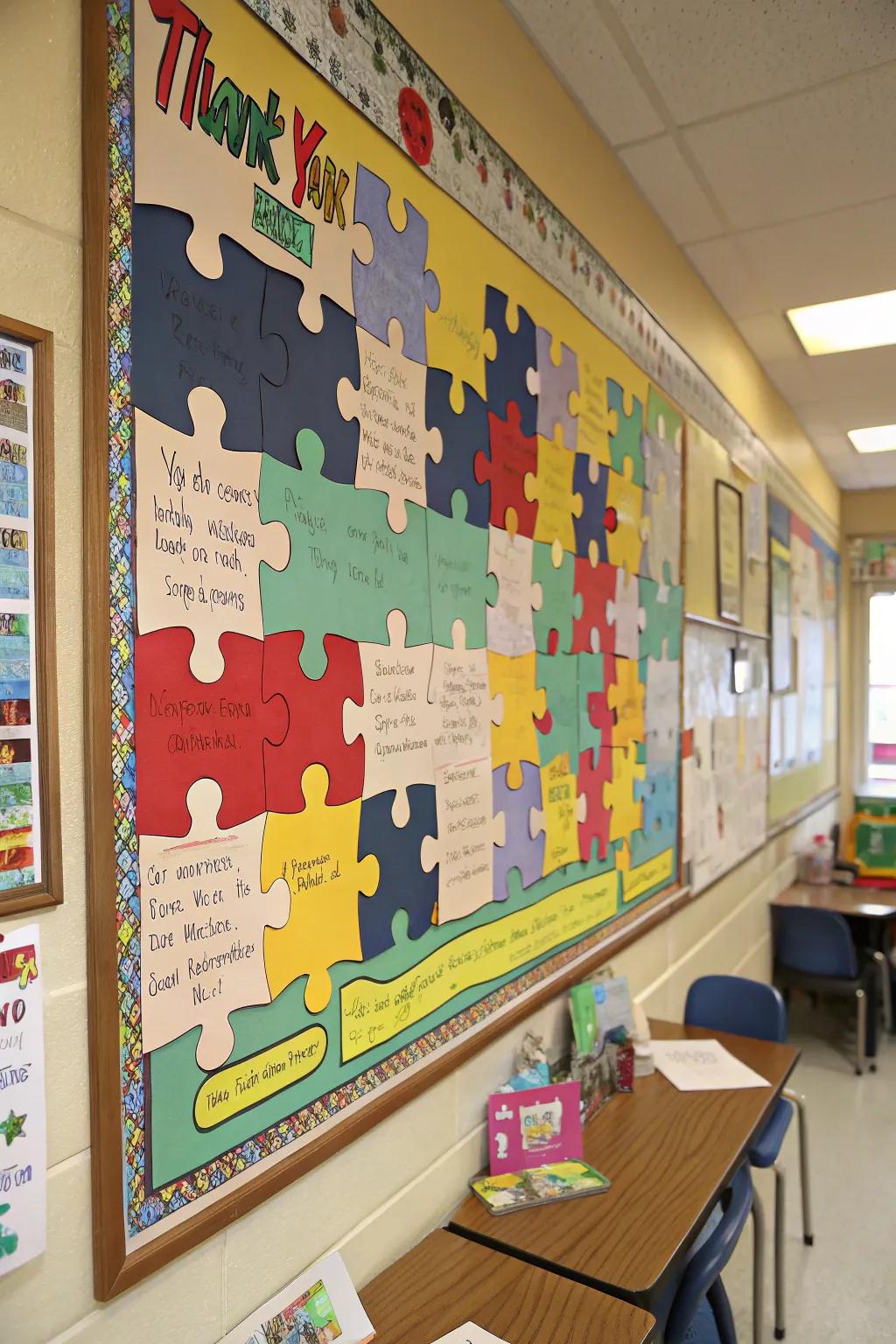 A jigsaw-themed board where each piece forms a mosaic of student gratitude.
