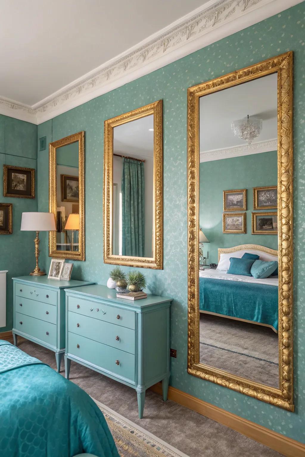 Gilded-bordered reflectors enhance class and light in this aqua-inspired area.
