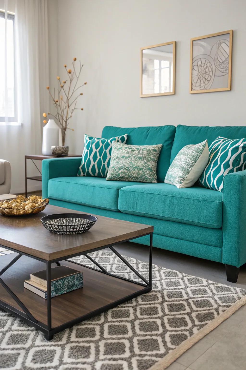 A teal sofa serves as a stunning focal point in this cozy living room.