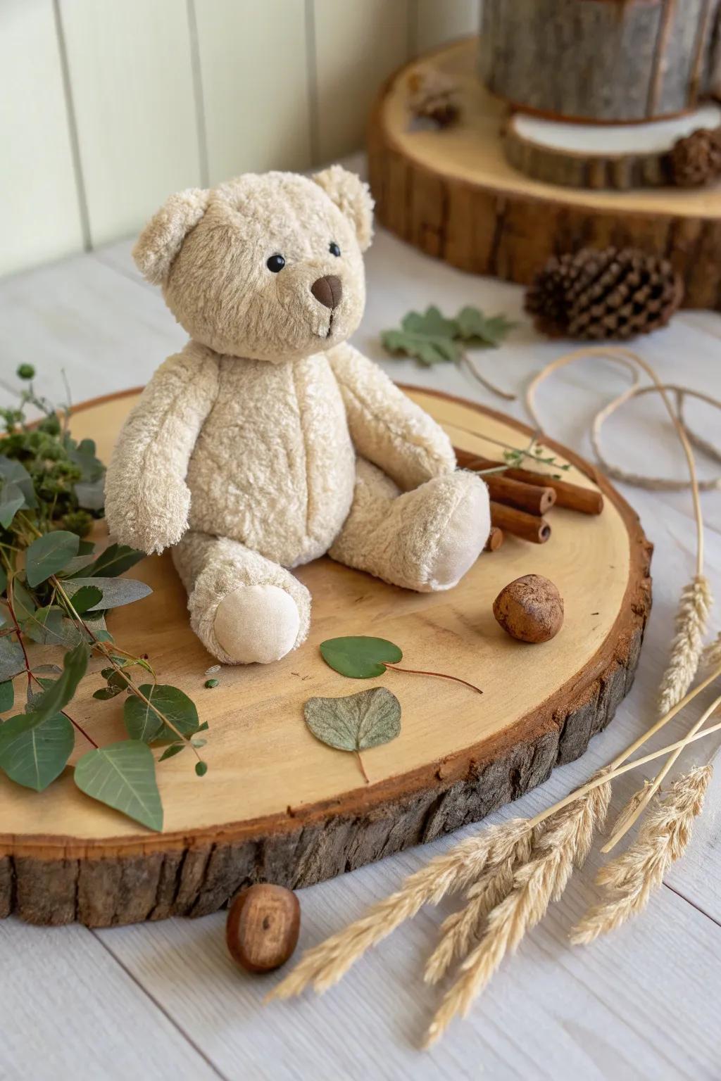 Rustic charm with a teddy bear on a wood slice base.
