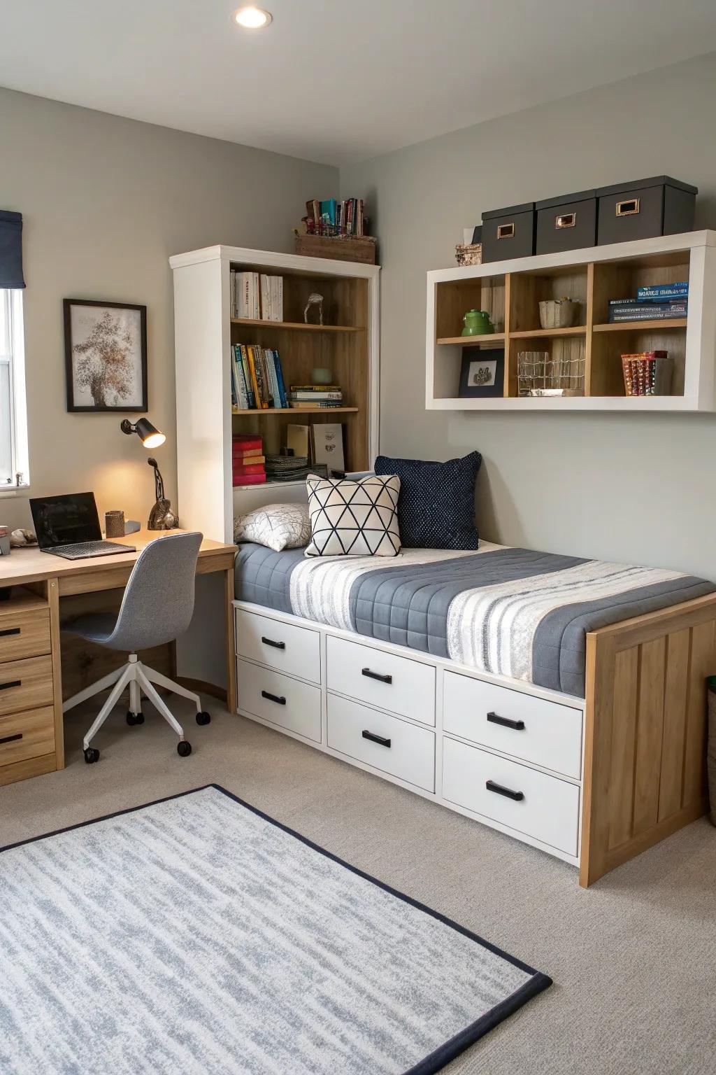 A teen boy's room showcasing multifunctional furniture to take full advantage of space.