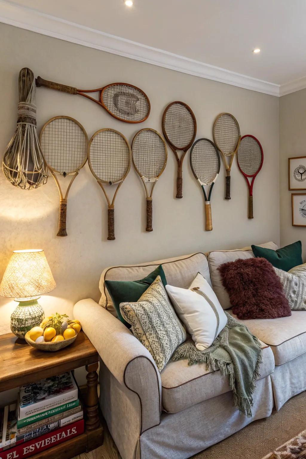 Vintage tennis paddles crafted into compelling wall decor.