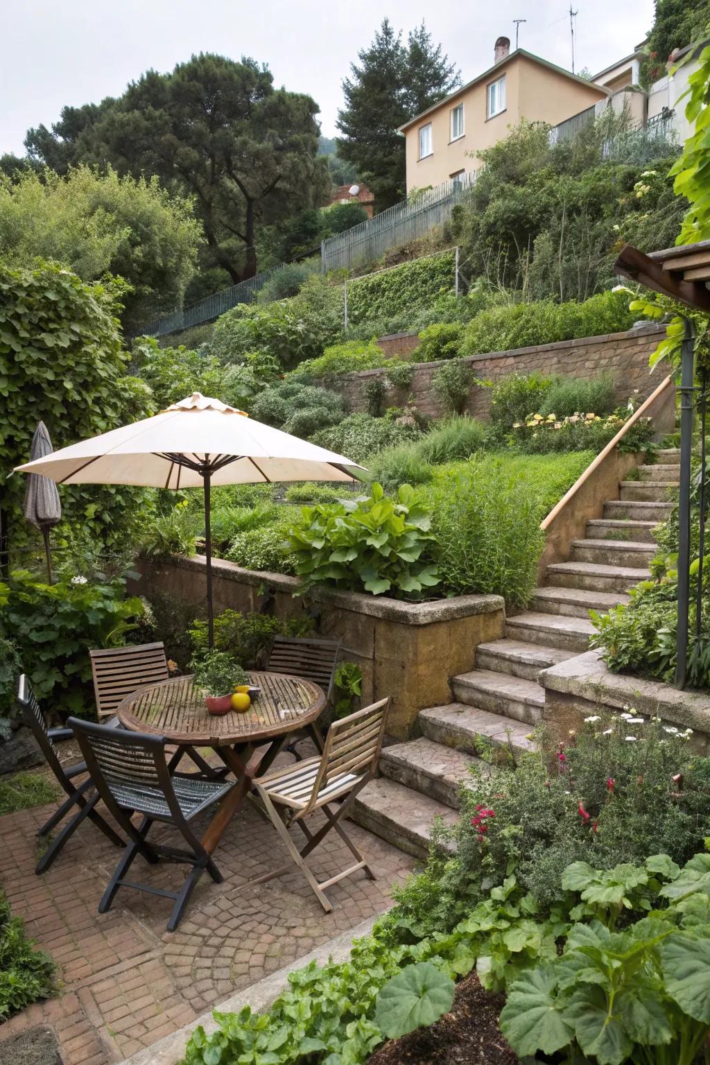 An attractive outdoor dining setting in a tiered garden, complete with shade and abundant greenery.