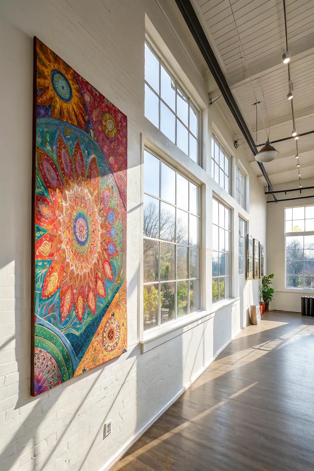 An abstract textured painting bursts with color and creativity, perfect for a lively studio space.