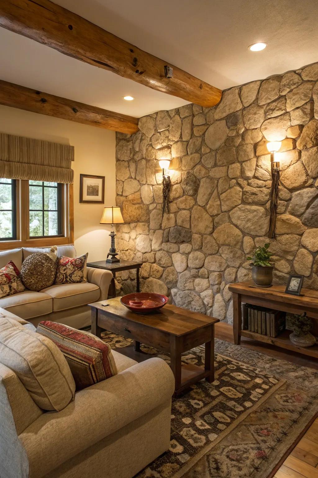A living room featuring a rustic stone-textured wall.