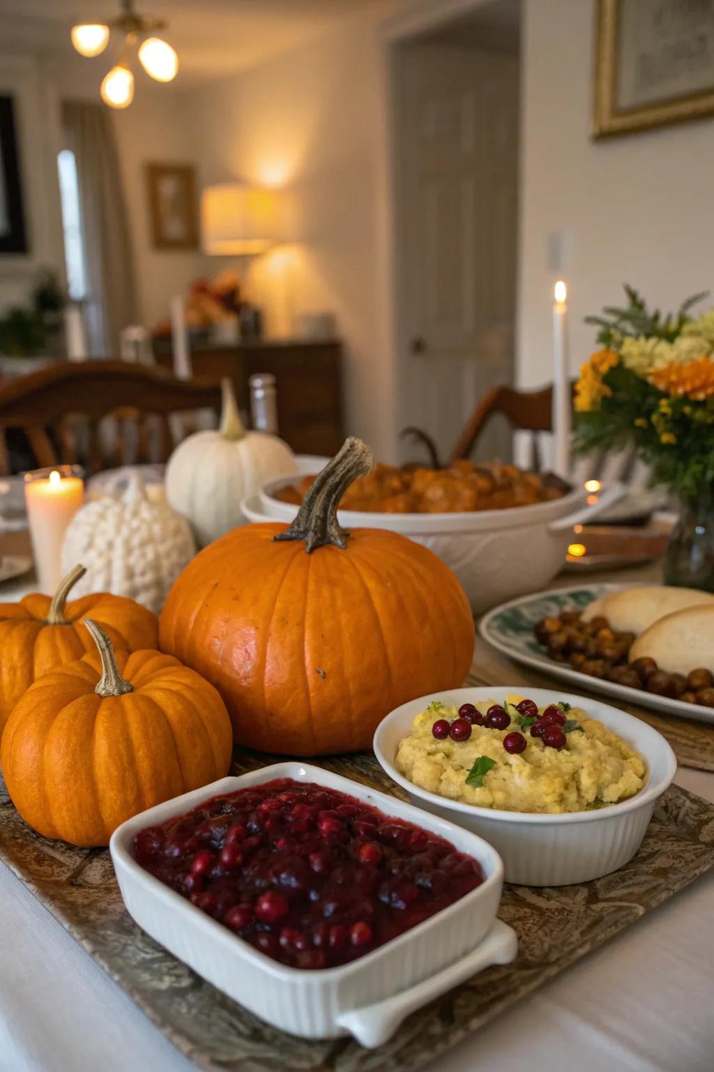 Pumpkins of various sizes create a charming centerpiece.