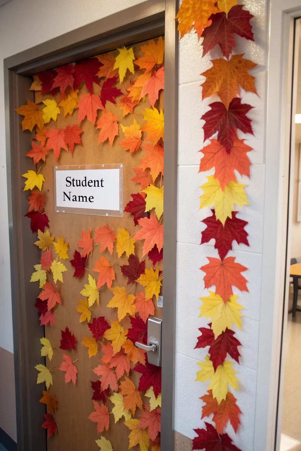 A colorful display of autumn leaves, each marked with a student's name, adds a personal touch to the classroom entrance.
