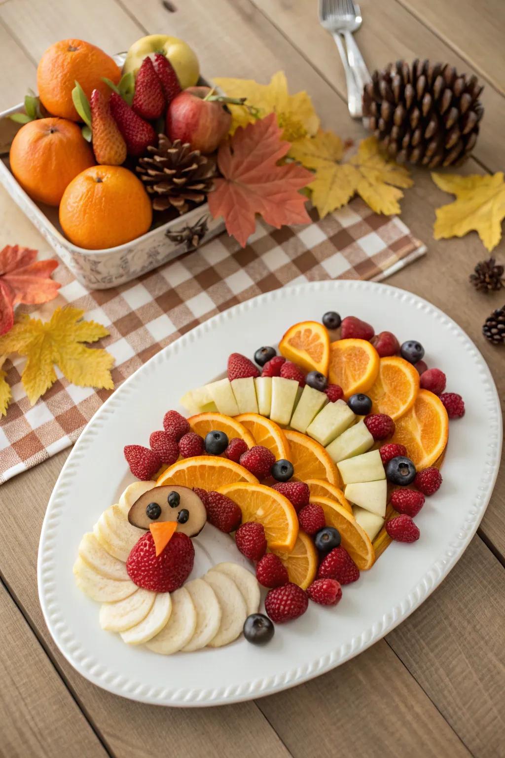 A playful and colorful turkey fruit platter that delights both kids and adults.