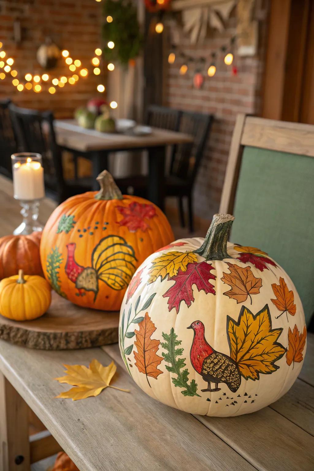 Vibrantly painted pumpkins featuring fall themes.