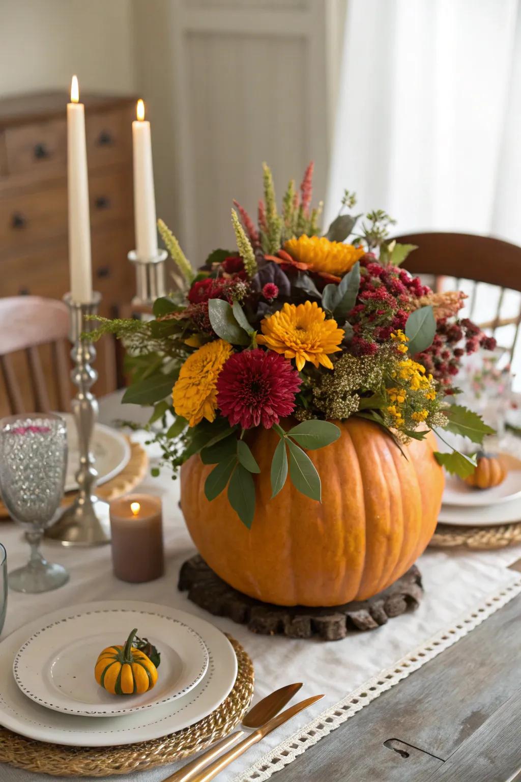 A gourd focal point overflowing with vivid flowers.