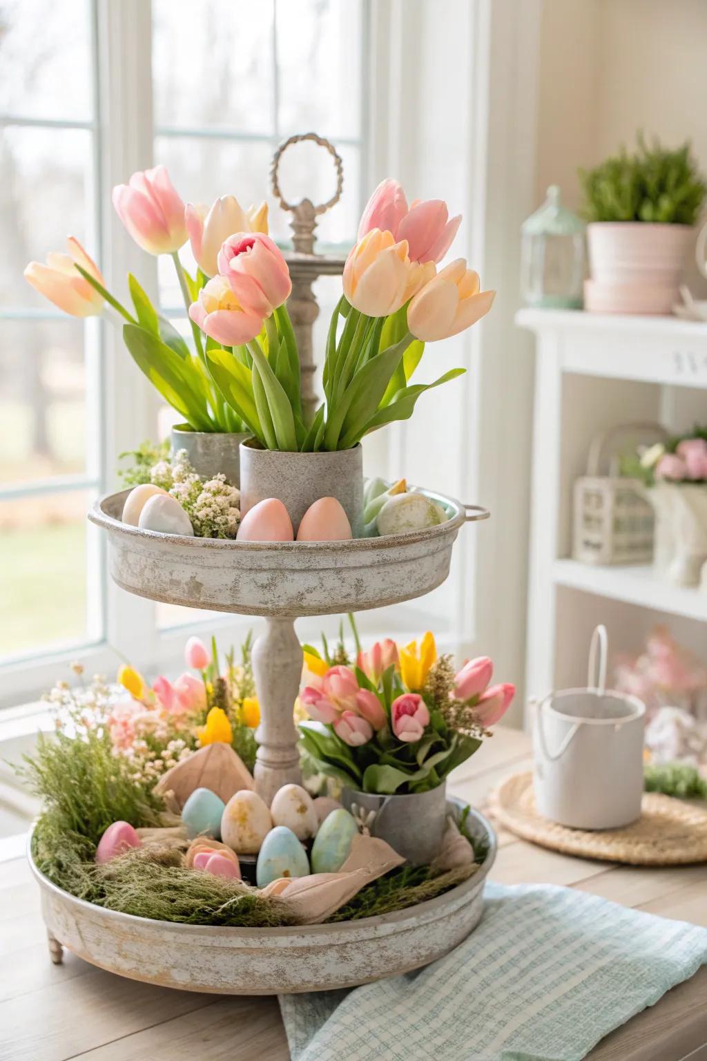 A spring-inspired tiered tray filled with colorful faux tulips.