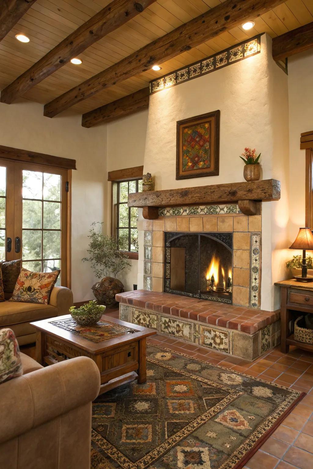 Country House Appeal: a natural wooden shelf beautifully complements the warmth of earthy tiles.
