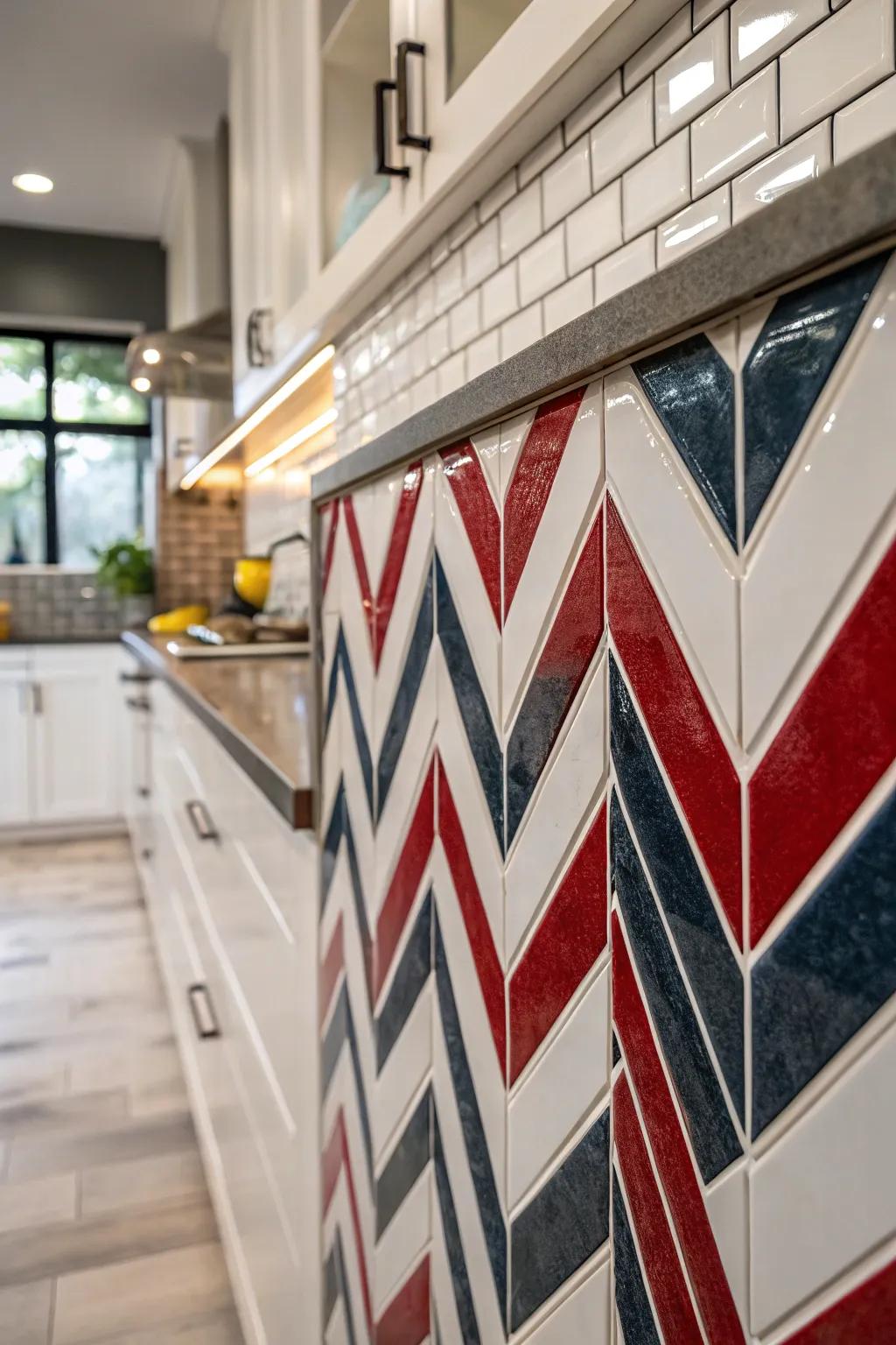 A bold chevron pattern adds an eye-catching element to this kitchen backsplash.
