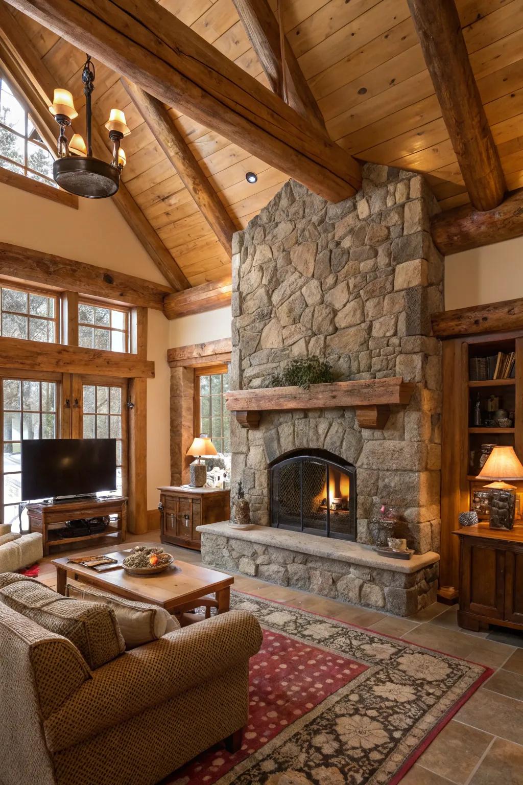 Earthy stone cladding infuses warmth and character into this welcoming area.