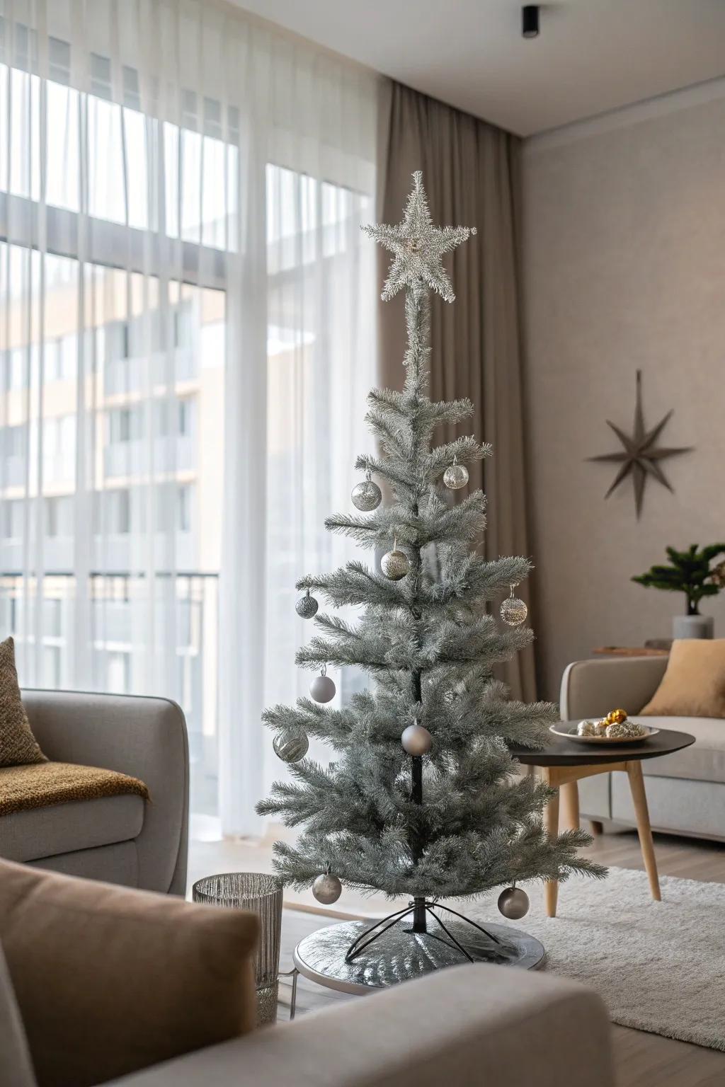 A modern living space showcasing an understated platinum foil Christmas tree.