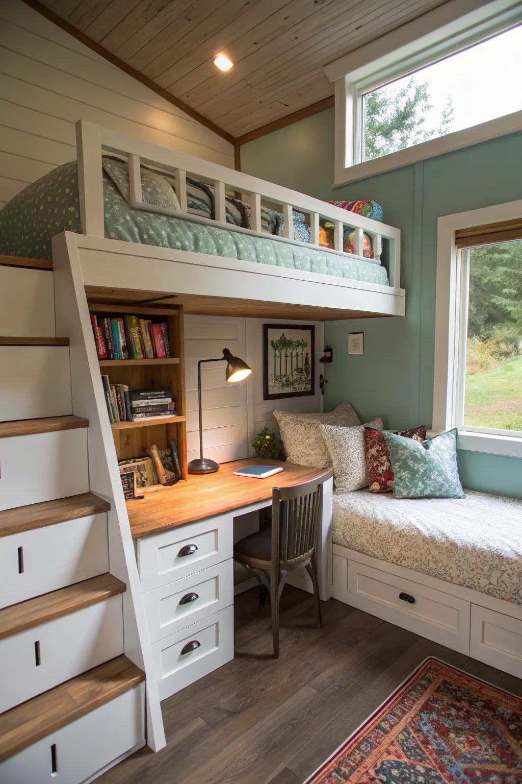 A loft bed design that opens up floor space for a cozy desk nook below.