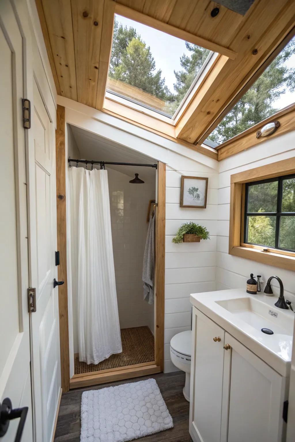 A skylight dramatically opens up this tiny bathroom with natural light.