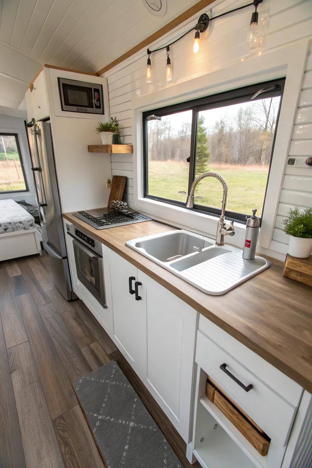 A groundbreaking foldaway sink effortlessly blending into a tiny house kitchen.