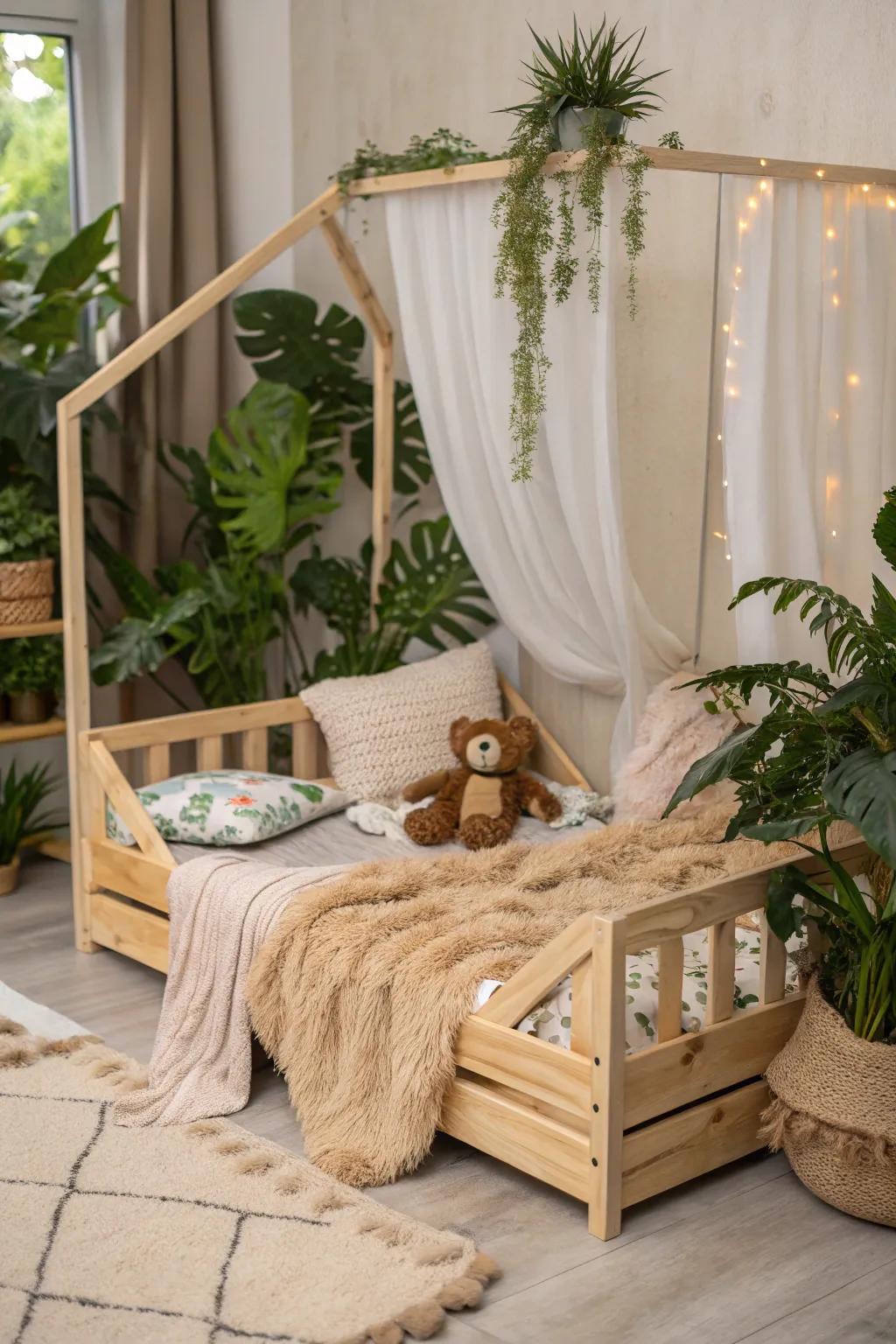 A timber bed that welcomes the serenity of nature inside.