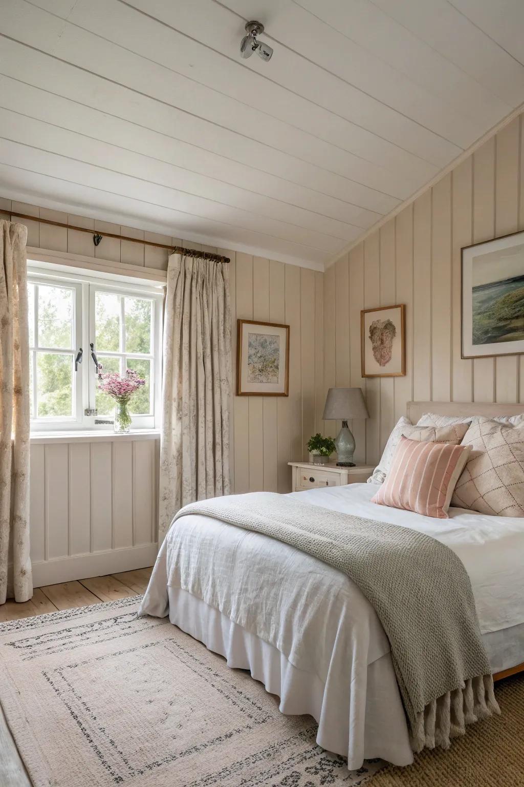 Gently, neutrally painted interlocking plank walls that fashion a serene sanctuary in a bedroom.