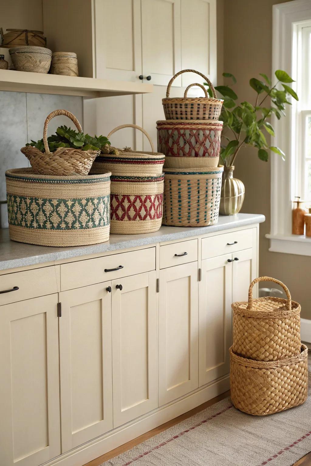 Woven baskets introduce a layer of texture and warmth to your kitchen's visual landscape.