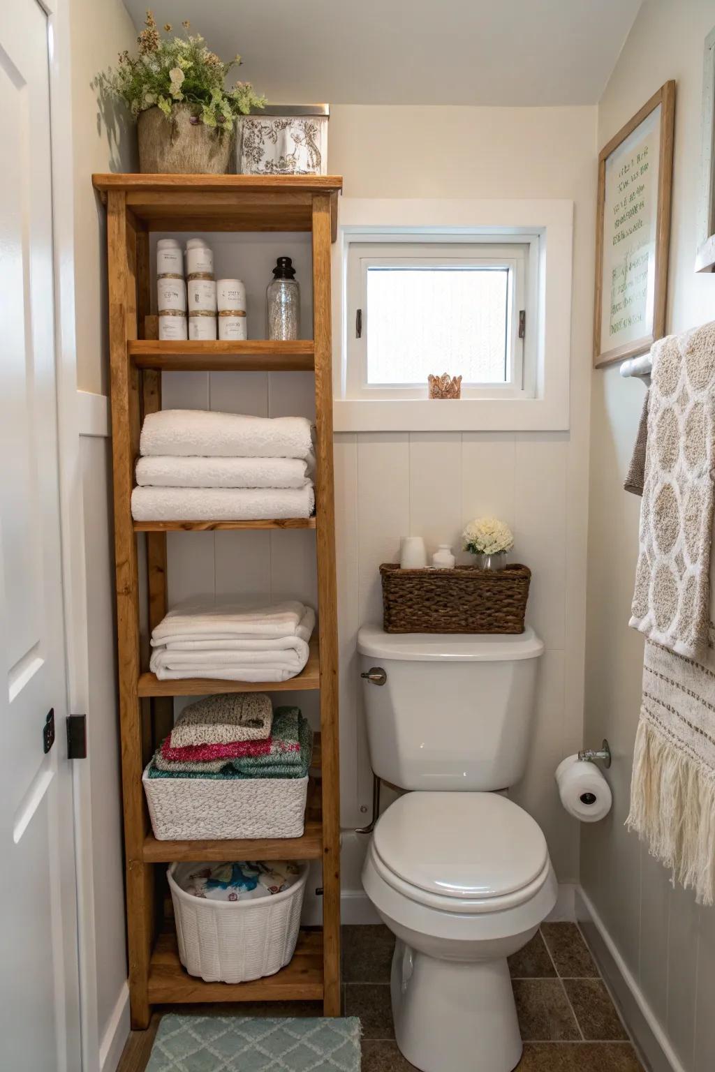 Above-toilet organizers enhance unused area in a small bathroom.