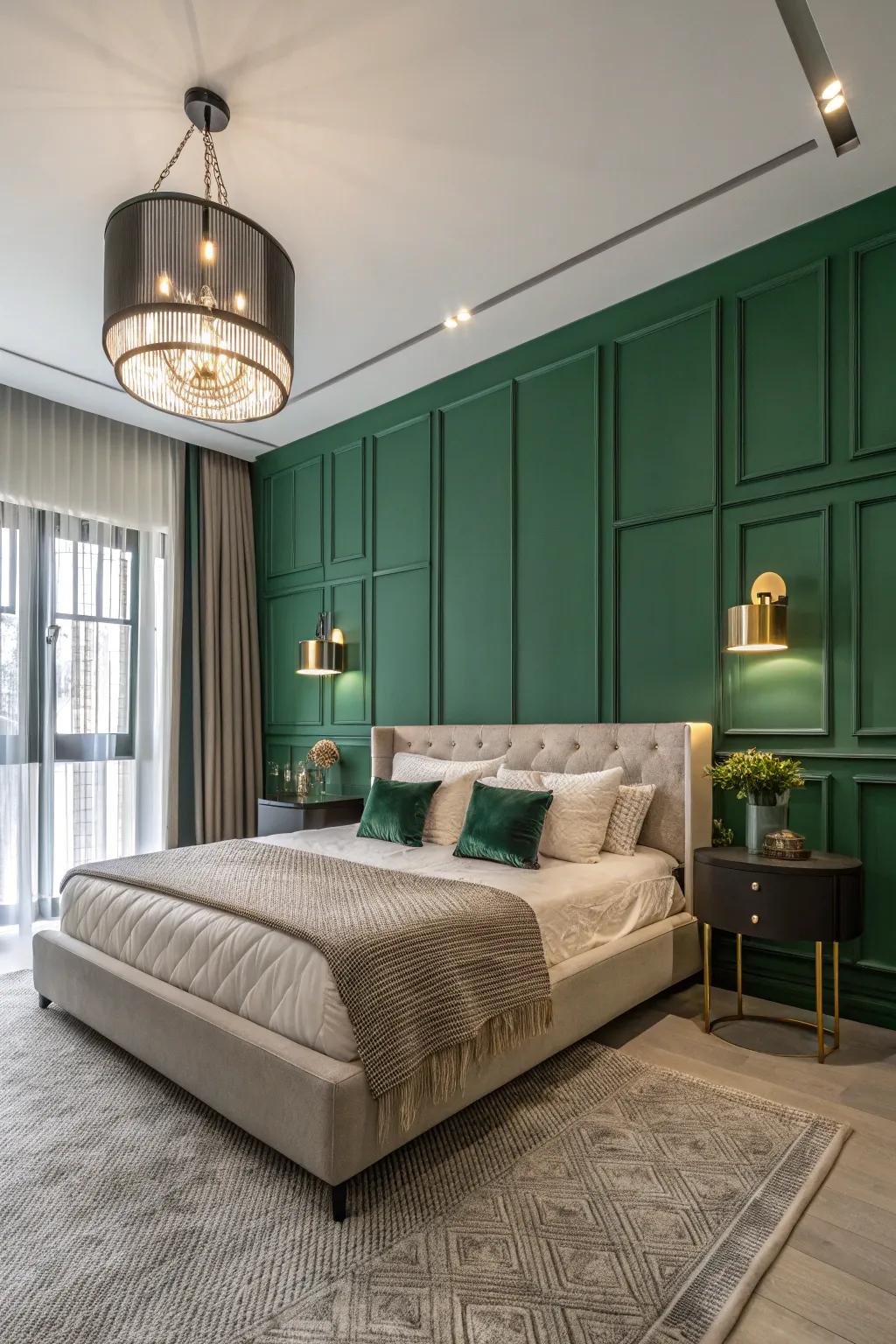 A townhouse slumber chamber boasting a striking jungle-green accent wall.