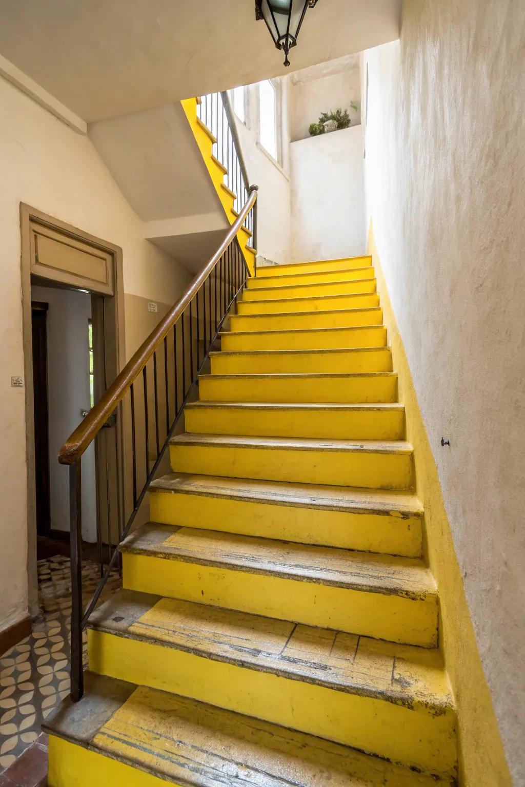 Radiant chartreuse risers bring a burst of energy to this townhouse staircase.